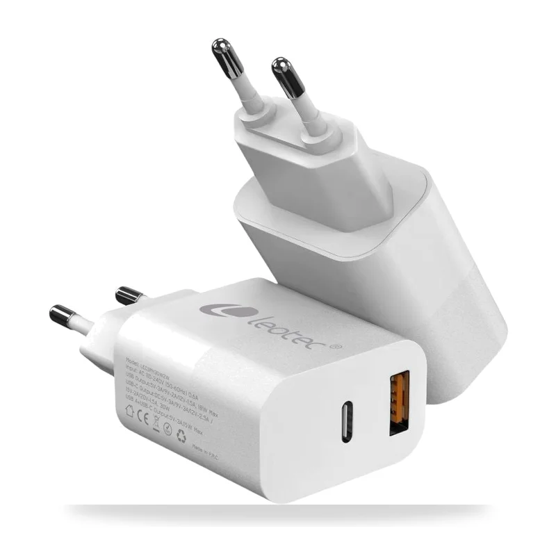 Cargador de Pared Leotec LECSPH20W2W2/ 1xUSB Tipo-C/ 1xUSB/ 20W