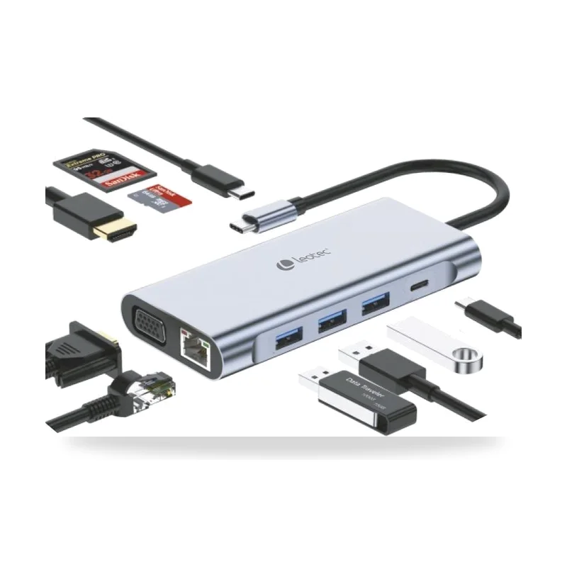 Docking USB Tipo-C Leotec LEDS01/ 3xUSB/ 2xUSB Tipo-C/ 1xUSB Tipo-C PD/ 1xHDMI 4K/ 1xVGA/ 1xRJ45/ 1xAudio/ 1xLector Tarjetas SD y MicroSD/ Gris