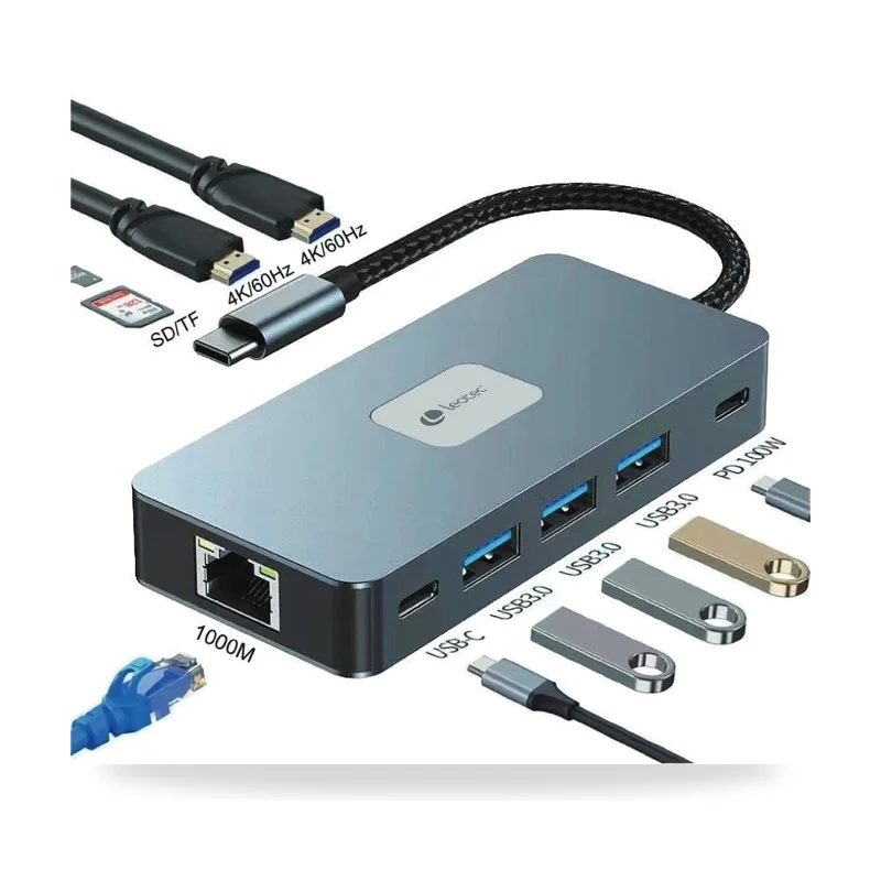 Docking USB Tipo-C Leotec LEDS02/ 3xUSB/ 1xUSB Tipo-C/ 1xUSB Tipo-C PD/ 2xHDMI 4K/ 1xRJ45/ 1xLector Tarjetas SD y MicroSD/ Gris