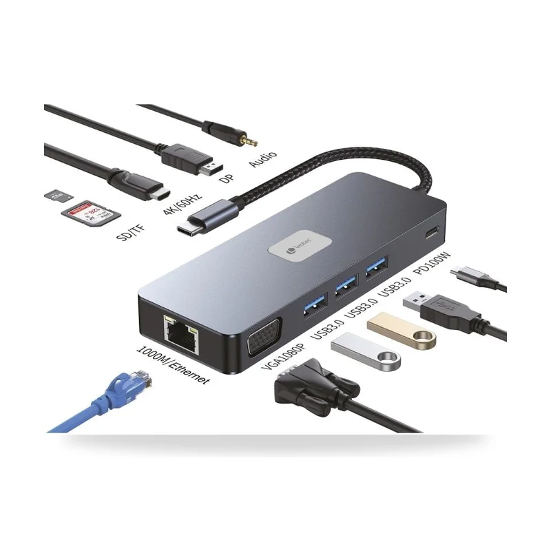 Docking USB Tipo-C Leotec LEDS03/ 3xUSB/ 1xUSB Tipo-C PD/ 1xHDMI 4K/ 1xDisplayPort/ 1xVGA/ 1xAudio/ 1xRJ45/ 1xLector Tarjetas SD y MicroSD/ Gris