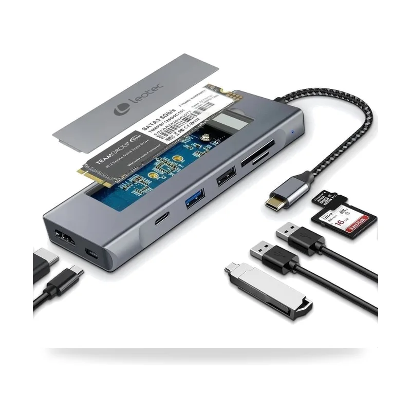 Docking/Caja Externa USB Tipo-C Leotec LEDS07/ Ranura SSD M.2/ 2xUSB/ 1xUSB Tipo-C/ 1xHDMI 4K/ 1xLector Tarjetas SD y MicroSD/ 1xUSB Tipo-C PD