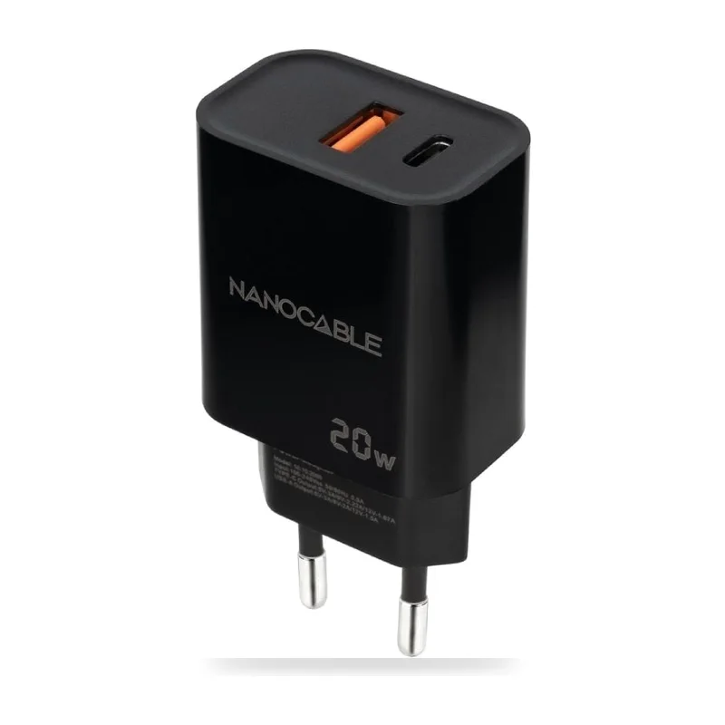 Cargador de Pared Nanocable 10.10.2008/ 1xUSB/ 1xUSB Tipo-C/ 20W/ Negro