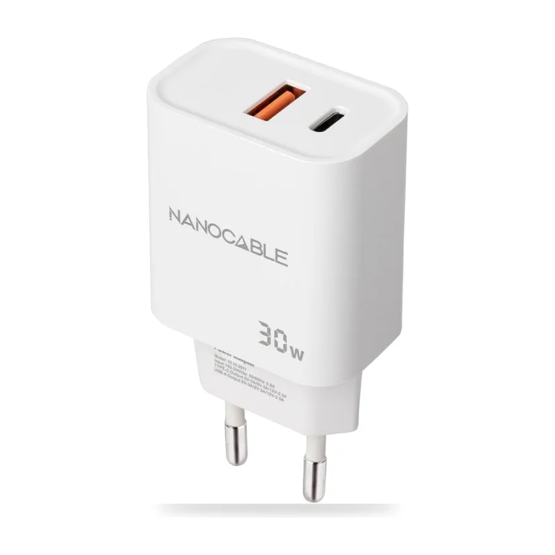 Cargador de Pared Nanocable 10.10.2011/ 1xUSB/ 1xUSB Tipo-C/ 30W/ Blanco