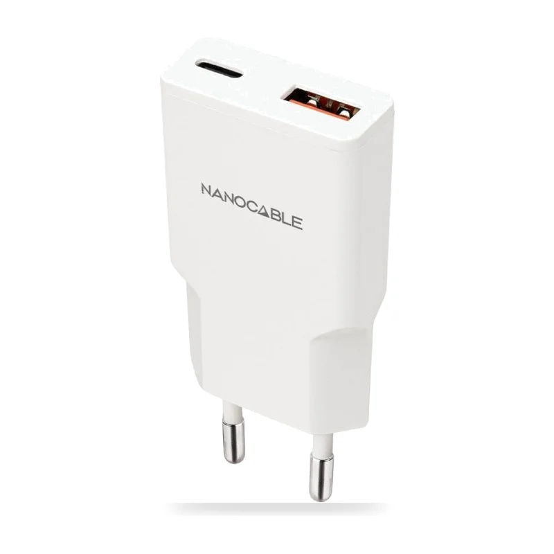 Cargador de Pared Nanocable 10.10.2022/ 1xUSB Tipo-C/ 1xUSB/ 20W/ Blanco