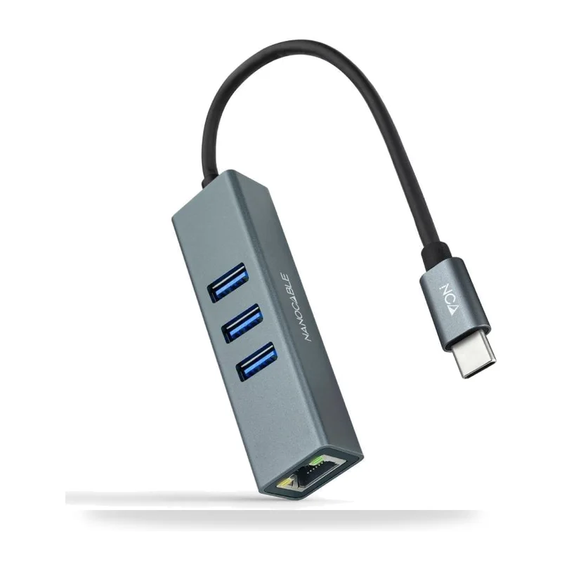 Hub USB Tipo-C Nanocable 10.03.0408/ 3xUSB/ 1xRJ45/ Gris