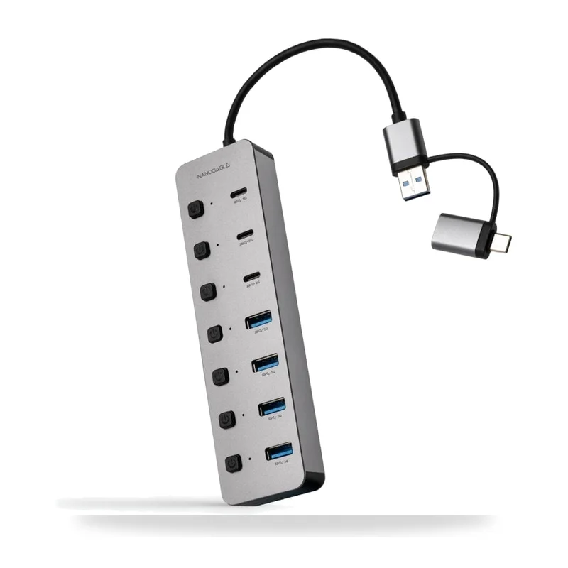 Hub USB + USB Tipo-C Nanocable 10.16.4510/ 4xUSB/ 3xUSB Tipo-C/ 1xUSB Tipo-C PD/ Gris