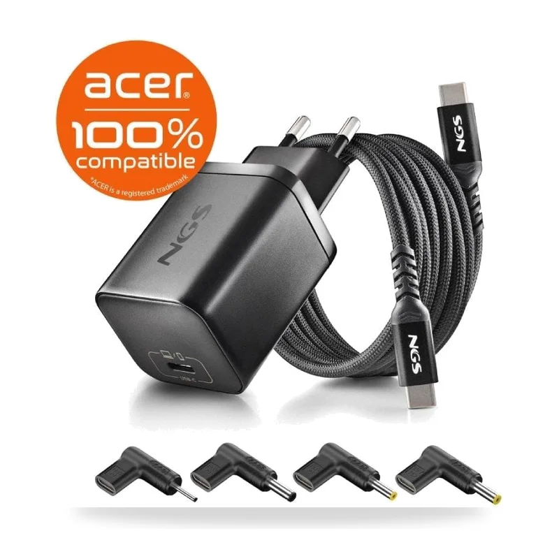 Cargador de Portátil GaN NGS BUD65W-AC para Acer/ 1xUSB Tipo-C/ 65W/ Automático/ 4 Conectores/ Voltaje 5-20V