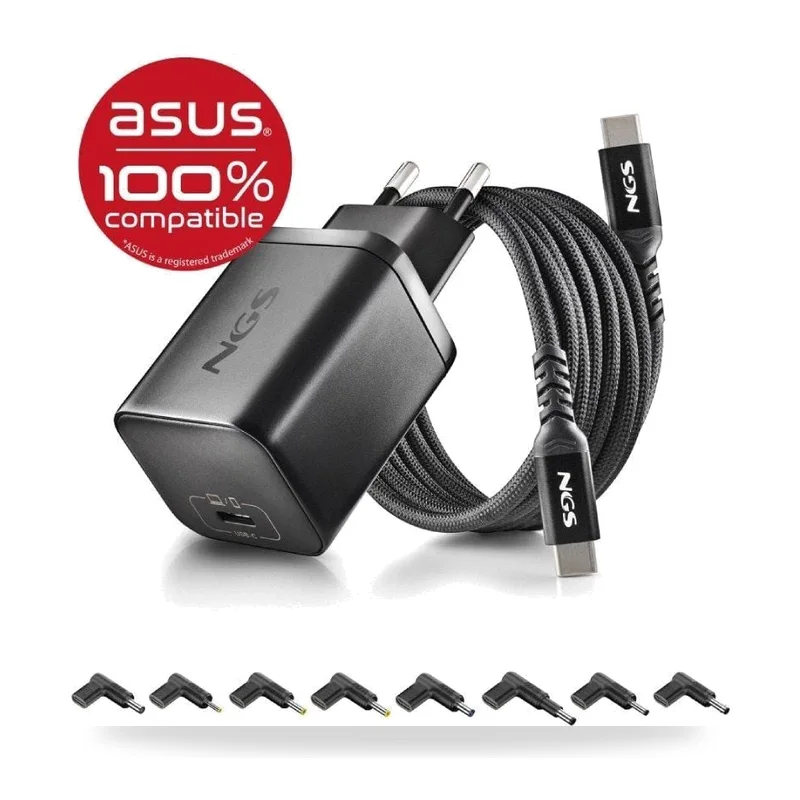 Cargador de Portátil GaN NGS BUD65W-AS para Asus/ 1xUSB Tipo-C/ 65W/ Automático/ 8 Conectores/ Voltaje 5-20V