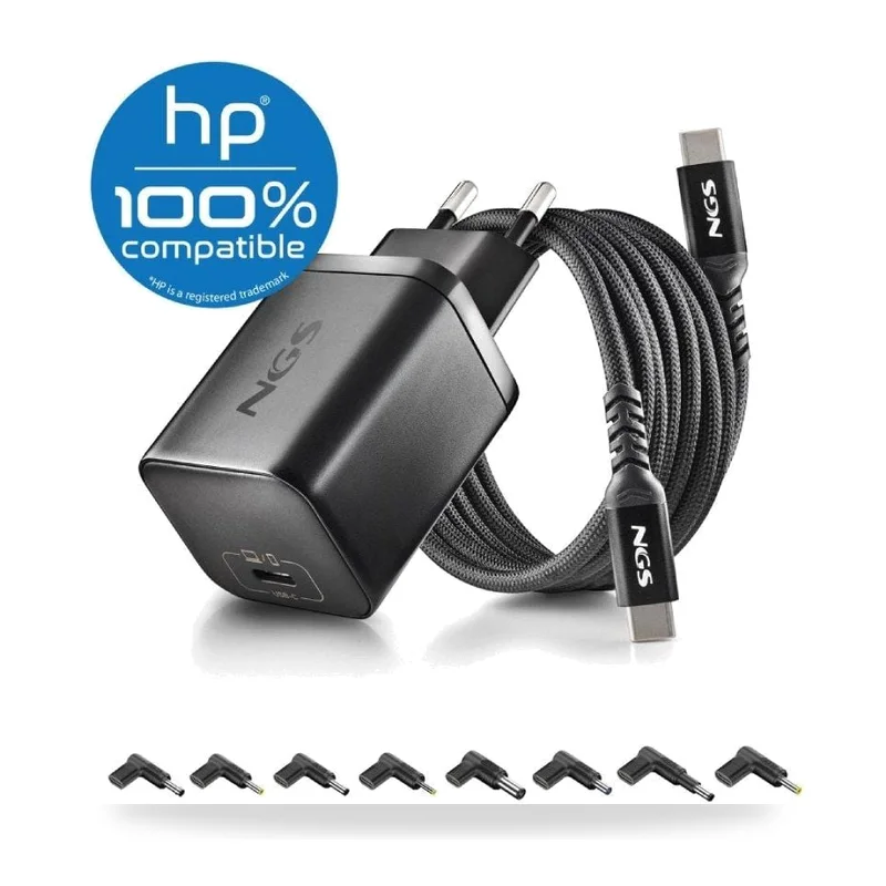 Cargador de Portátil GaN NGS BUD65W-H para HP/ 1xUSB Tipo-C/ 65W/ Automático/ 8 Conectores/ Voltaje 5-20V