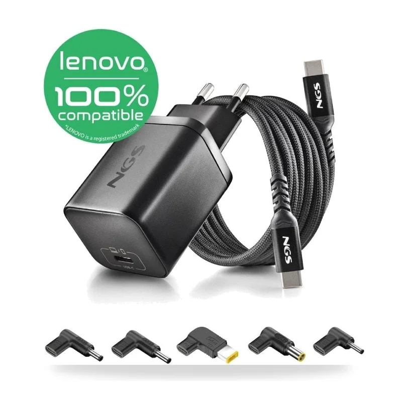 Cargador de Portátil GaN NGS BUD65W-L para Lenovo/ 1xUSB Tipo-C/ 65W/ Automático/ 5 Conectores/ Voltaje 5-20V