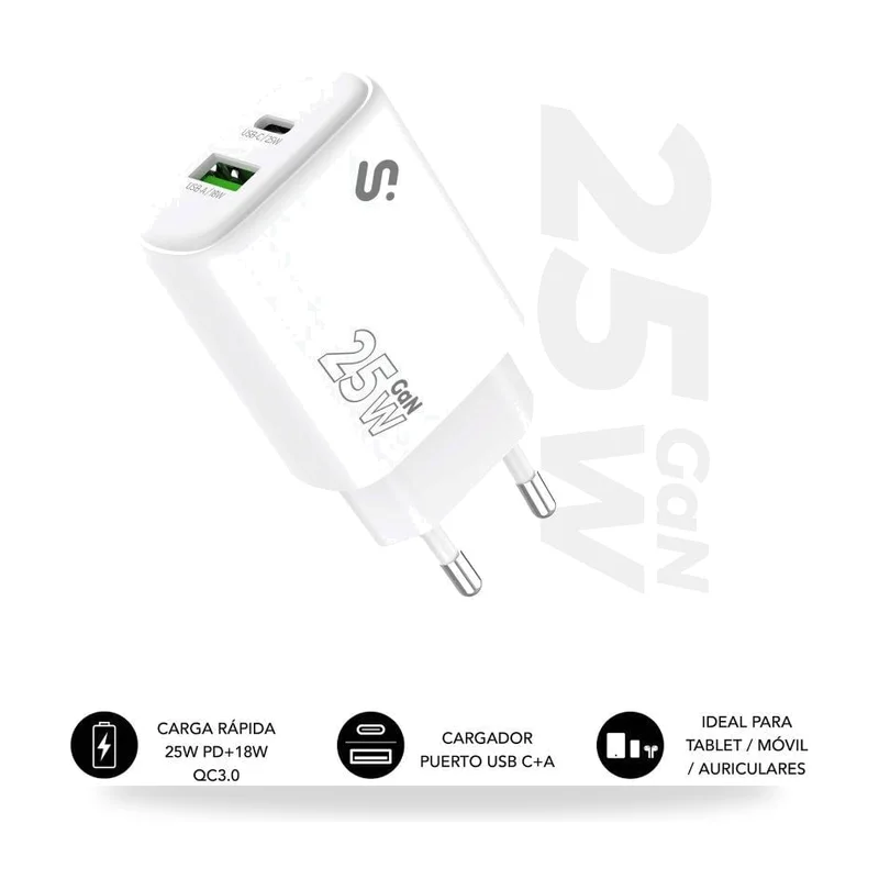 Cargador de Pared GaN Subblim 25W Charger USB C+A/ 1xUSB Tipo-C/ 1xUSB/ 25W