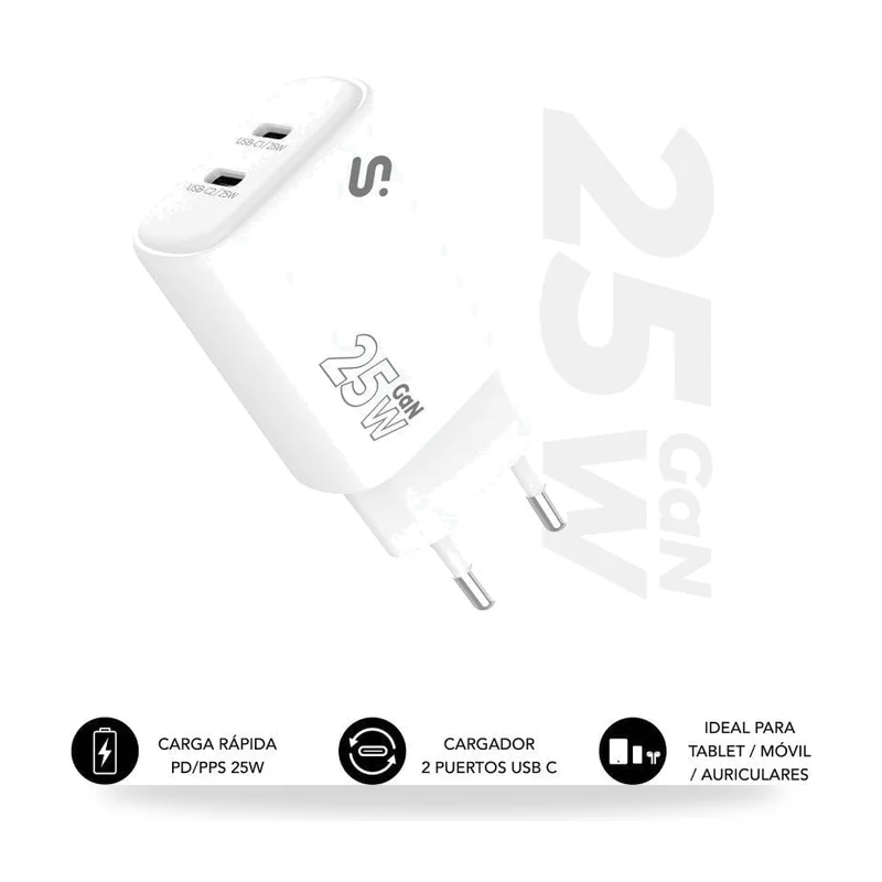 Cargador de Pared GaN Subblim 25W Charger USB C+C/ 2xUSB Tipo-C/ 25W