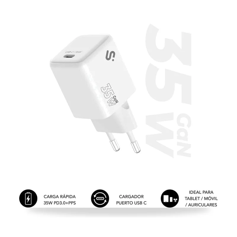 Cargador de Pared GaN Subblim 35W Charger USB C/ 1xUSB Tipo-C/ 35W