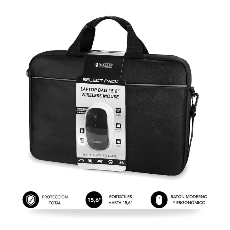 Maletín + Ratón Inalámbrico Subblim Select Pack para Portátiles hasta 15.6"/ Cinta para Trolley/ Negro