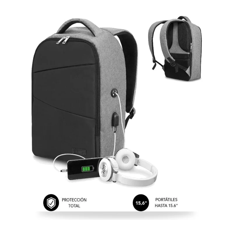 Mochila Subblim Secure V2 AP para Portátiles hasta 15.6"/ Puerto USB/ Antirrobo/ Repelente al agua/ Cinta para Trolley/ Gris
