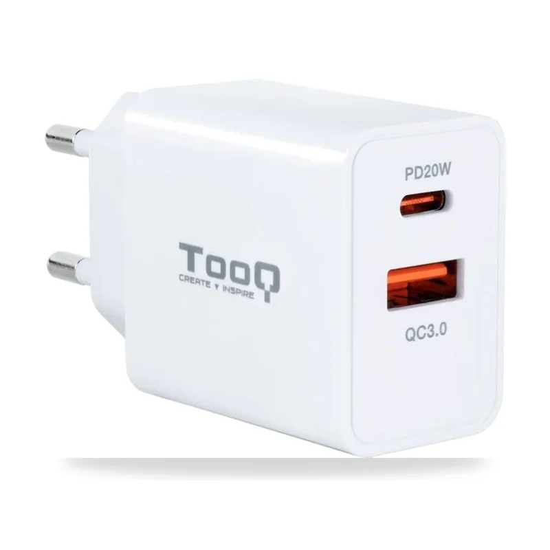 Cargador de Pared TooQ TQWC-2SC04WT/ 1xUSB Tipo-C/ 1xUSB/ 20W