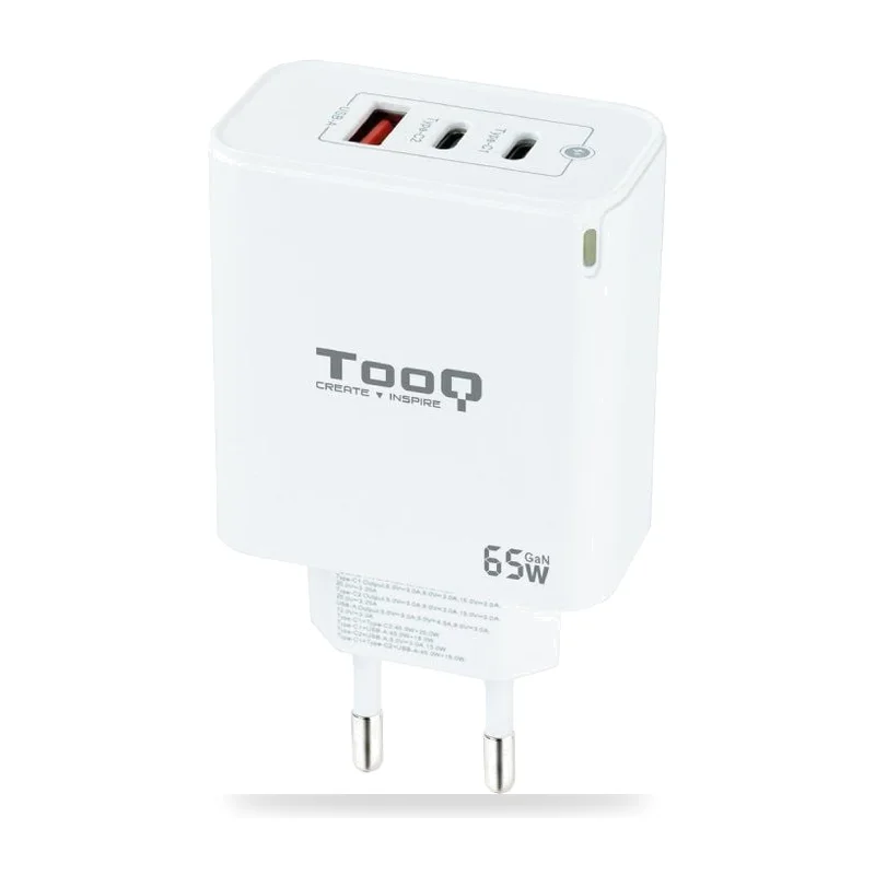 Cargador de Pared GaN TooQ TQWC-GANQC2PD65WT/ 2xUSB Tipo-C/ 1xUSB/ 65W