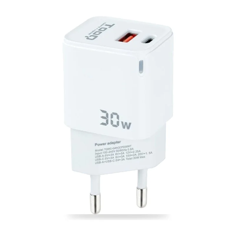 Cargador de Pared GaN TooQ TQWC-GANQCPD30WT/ 1xUSB Tipo-C/ 1xUSB/ 30W
