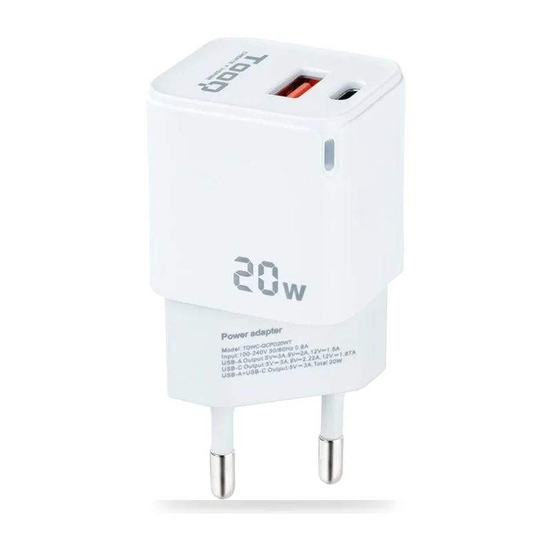 Cargador de Pared TooQ TQWC-QCPD20WT/ 1xUSB-Tipo C/ 1x USB/ 20W/ Blanco