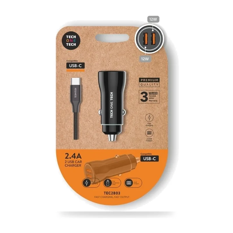 Cargador de Coche Tech One Tech TEC2803/ 2xUSB + Cable USB Tipo-C/ 12W