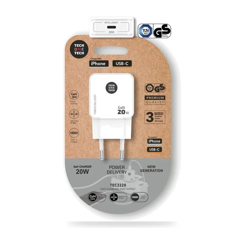 Cargador de Pared GaN Tech One Tech GaN TEC2220/ 1xUSB Tipo-C/ 20W/ Blanco