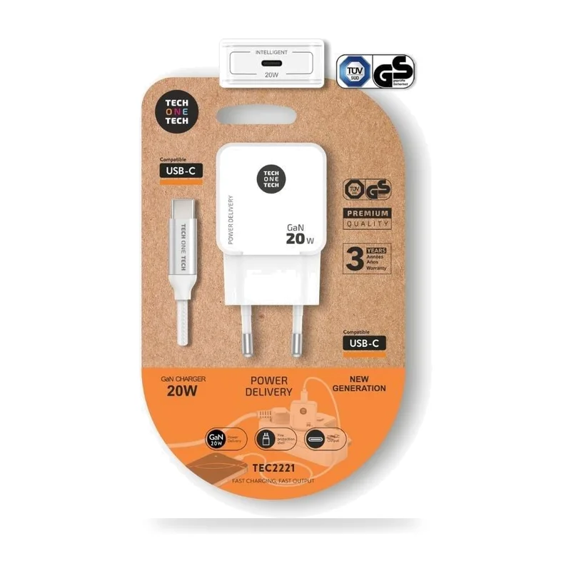 Cargador de Pared Tech One Tech TEC2221/ 1xUSB Tipo-C + Cable USB Tipo-C/ 20W/ Blanco