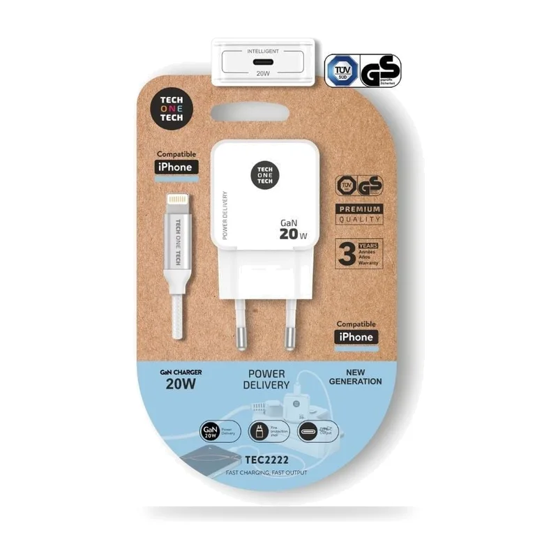 Cargador de Pared Tech One Tech TEC2222/ 1xUSB Tipo-C + Cable Lightning/ 20W/ Blanco