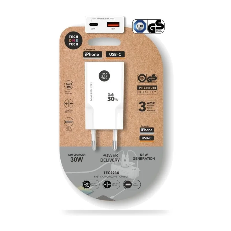 Cargador de Pared GaN Tech One Tech GaN TEC2230/ 1xUSB Tipo-C/ 1xUSB/ 30W/ Blanco