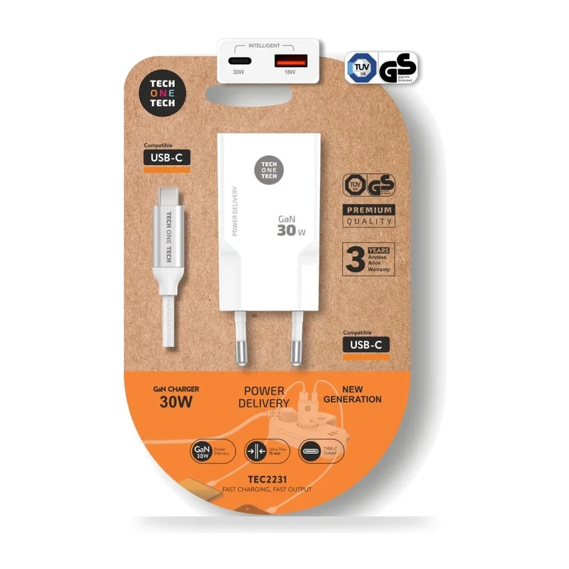 Cargador de Pared Tech One Tech TEC2231/ 1xUSB Tipo-C/ 1xUSB + Cable USB Tipo-C/ 30W/ Blanco