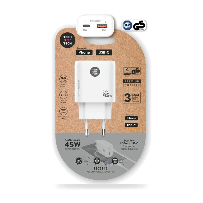 Cargador de Pared GaN Tech One Tech TEC2245/ 1xUSB Tipo-C/ 1xUSB/ 45W