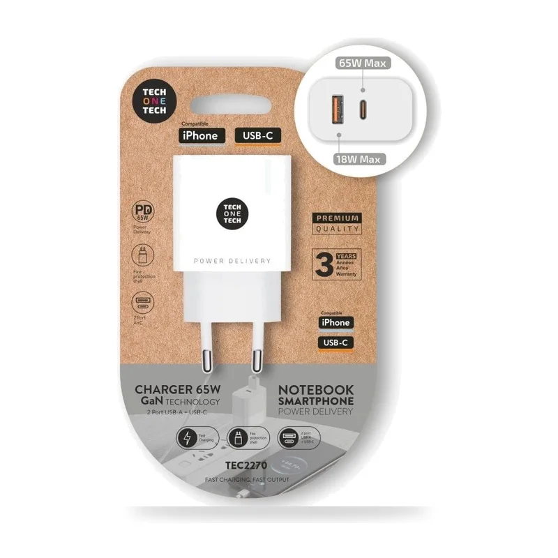 Cargador de Pared GaN Tech One Tech GaN TEC2270/ 1xUSB Tipo-C/ 1xUSB/ 65W/ Blanco