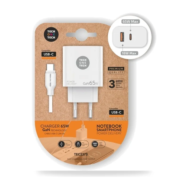 Cargador de Pared GaN Tech One Tech PD TEC2273 / 1xUSB Tipo-C/ 1xUSB/ 65W