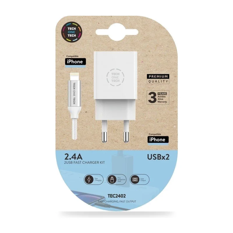 Cargador de Pared Tech One Tech TEC2402/ 2xUSB + Cable Lightning/ 12W/ Blanco