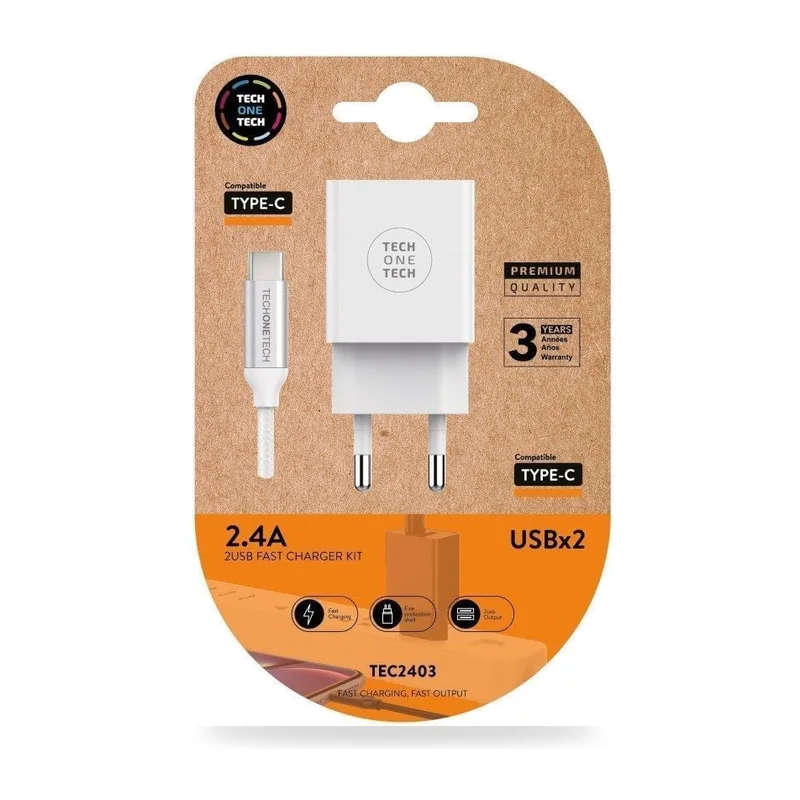 Cargador de Pared Tech One Tech TEC2403/ 2xUSB + Cable USB Tipo-C/ 12W/ Blanco