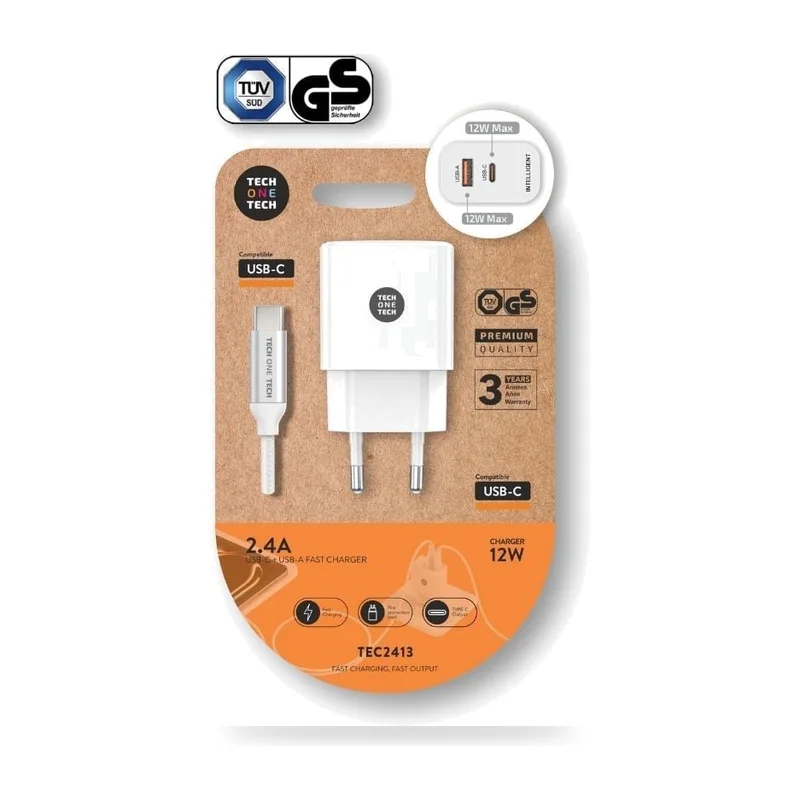Cargador de Pared Tech One Tech TEC2413/ 1xUSB Tipo-C/ 1xUSB + Cable USB Tipo-C/ 12W/ Blanco