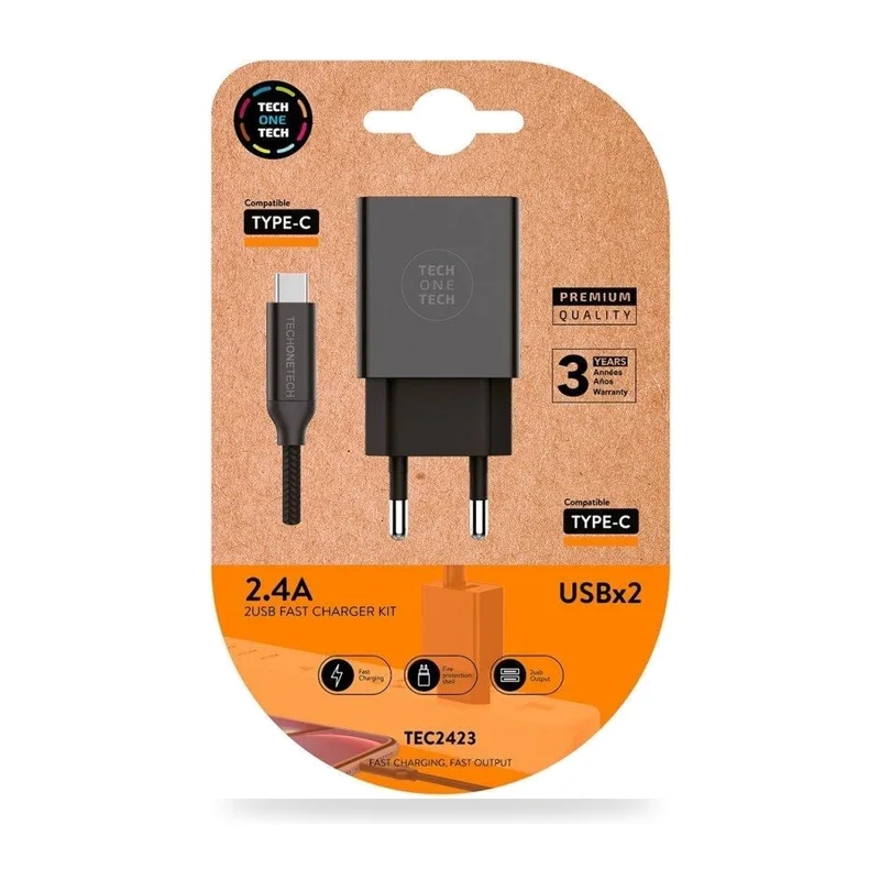 Cargador de Pared Tech One Tech TEC2423/ 2xUSB + Cable USB Tipo-C/ 12W/ Negro
