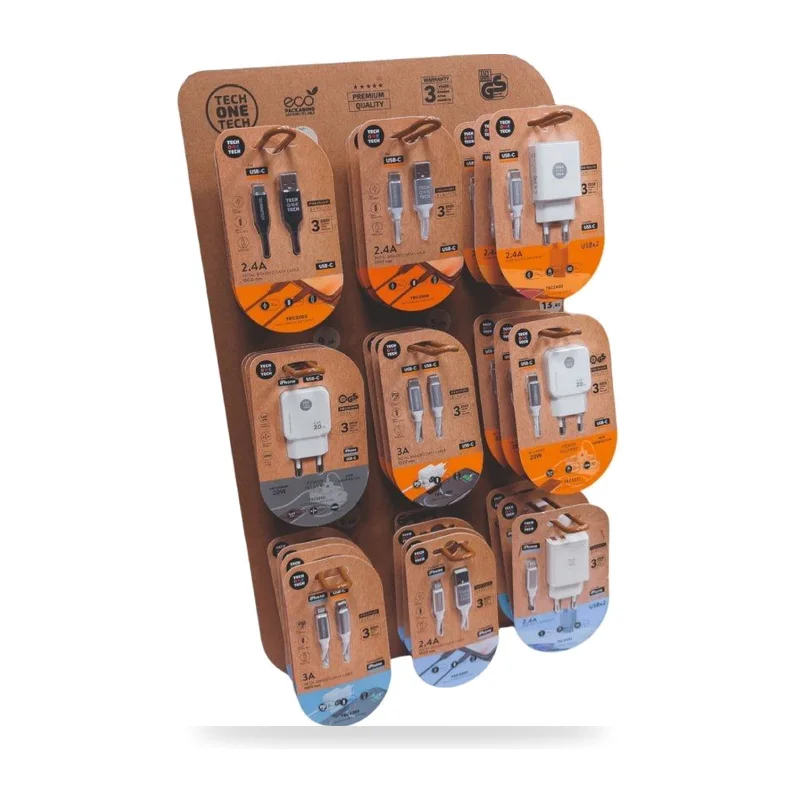 Expositor de Cargadores GaN y Cables Tech One Tech EKO 400903/ 9 ganchos/ Incluye 27 Productos