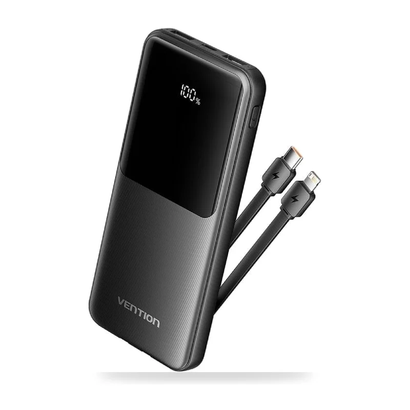 Powerbank 10000mAh Vention FHOB0/ 22.5W/ Negra/ Incluye Cable USB Tipo-C y Lightning