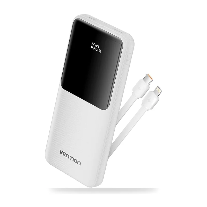Powerbank 10000mAh Vention FHOW0/ 22.5W/ Blanca/ Incluye Cable USB Tipo-C y Lightning