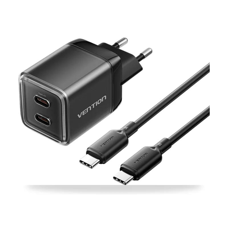 Cargador de Pared GaN Vention TZ-FCFB0-EU/ 2xUSB Tipo-C + Cable USB Tipo-C/ 45W