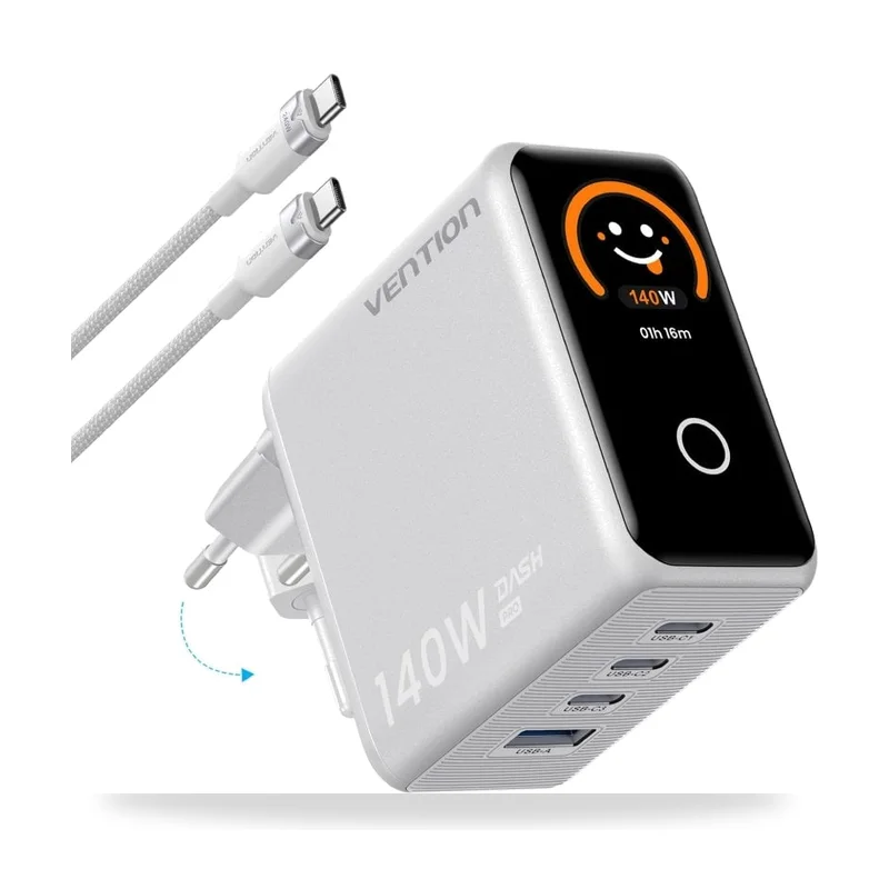 Cargador de Pared GaN Vention TZ-FCOI0-EU/ 3xUSB Tipo-C + Cable USB Tipo-C/ 1xUSB/ 140W