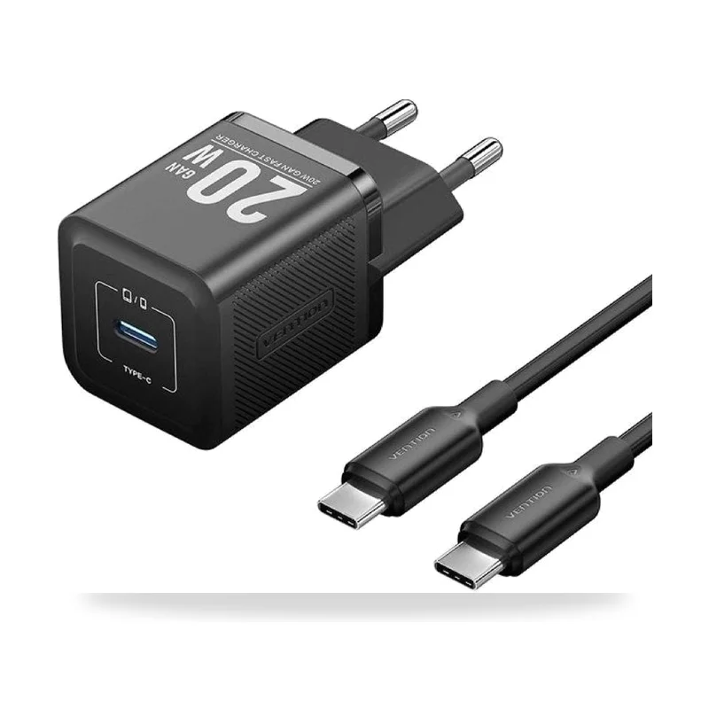 Cargador de Pared GaN Vention TZ-FEPB0-EU-01/ 1xUSB Tipo-C + Cable USB Tipo-C/ 20W