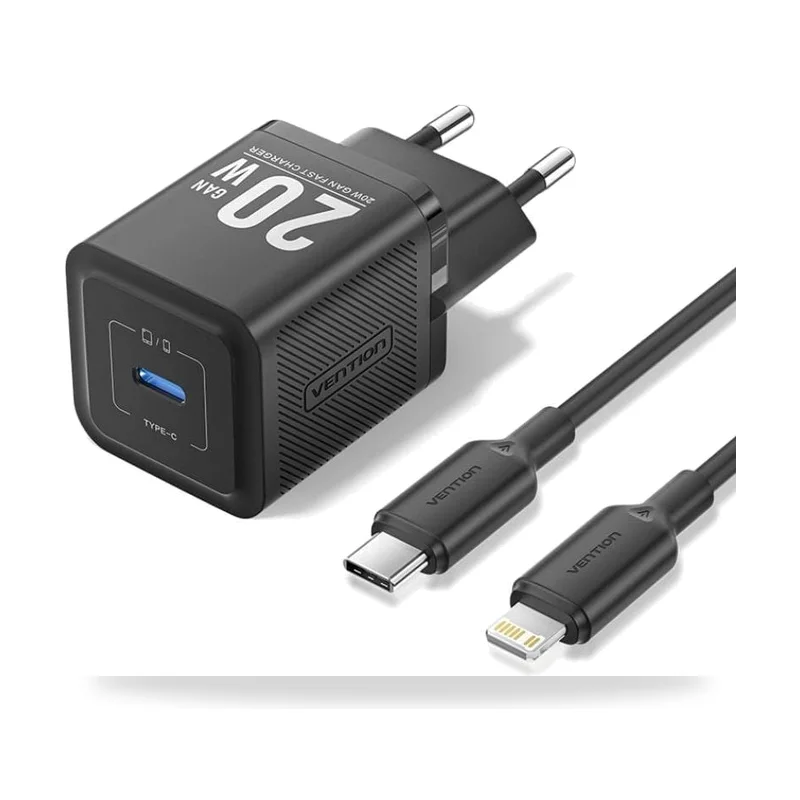 Cargador de Pared GaN Vention TZ-FEPB0-EU-02/ 1xUSB Tipo-C + Cable Lightning/ 20W