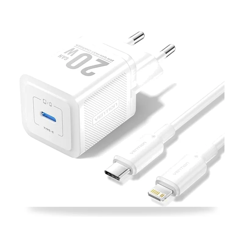 Cargador de Pared GaN Vention TZ-FEPW0-EU-02/ 1xUSB Tipo-C + Cable Lightning/ 20W