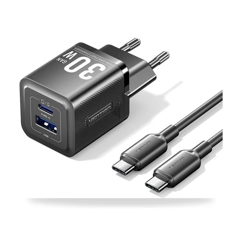 Cargador de Pared GaN Vention TZ-FEQB0-EU-01/ 1xUSB Tipo-C/ 1xUSB + Cable USB Tipo-C/ 30W