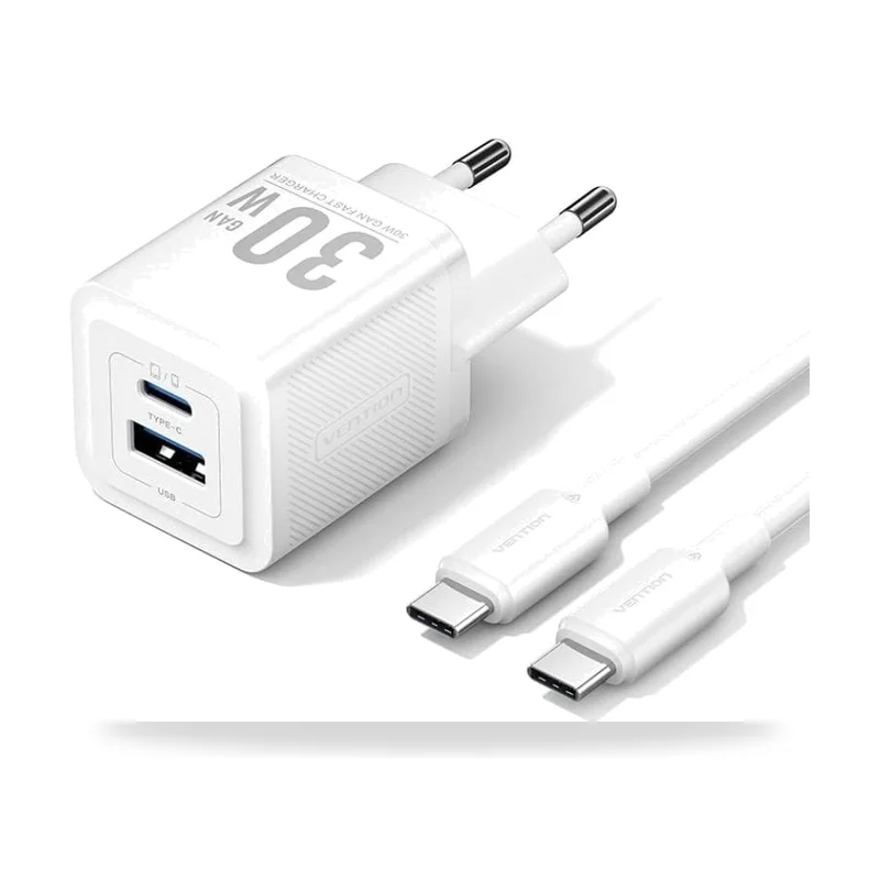 Cargador de Pared GaN Vention TZ-FEQW0-EU-01/ 1xUSB Tipo-C/ 1xUSB + Cable USB Tipo-C/ 30W