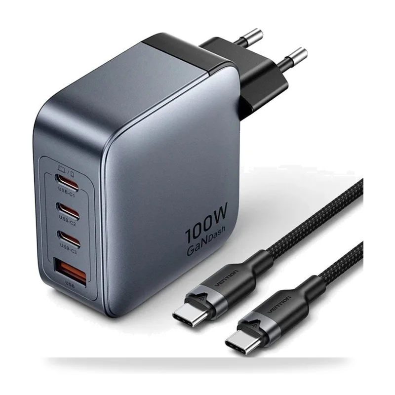 Cargador de Pared GaN Vention TZ-FETH0-EU/ 3xUSB Tipo-C/ 1xUSB/ 100W