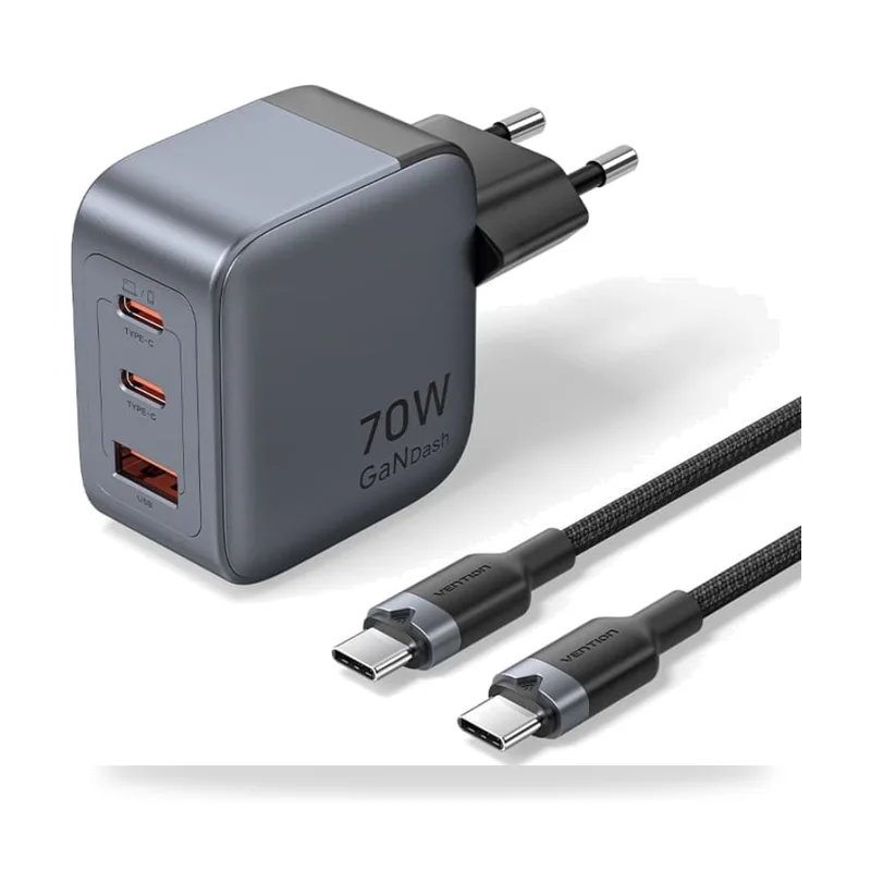 Cargador de Pared GaN Vention TZ-FEXH0-EU/ 2xUSB Tipo-C/ 1xUSB + Cable USB Tipo-C/ 70W
