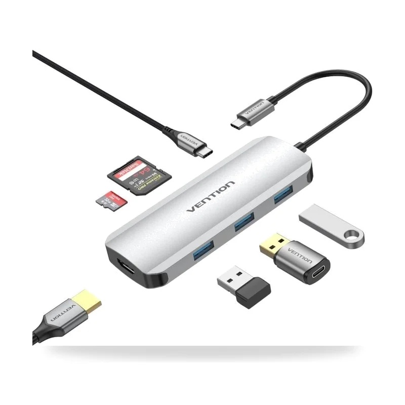 Docking USB Tipo-C Vention TOJHB/ 1xHDMI 4K/ 3xUSB/ 1xUSB Tipo-C/ 1xLector Tarjetas/ Gris