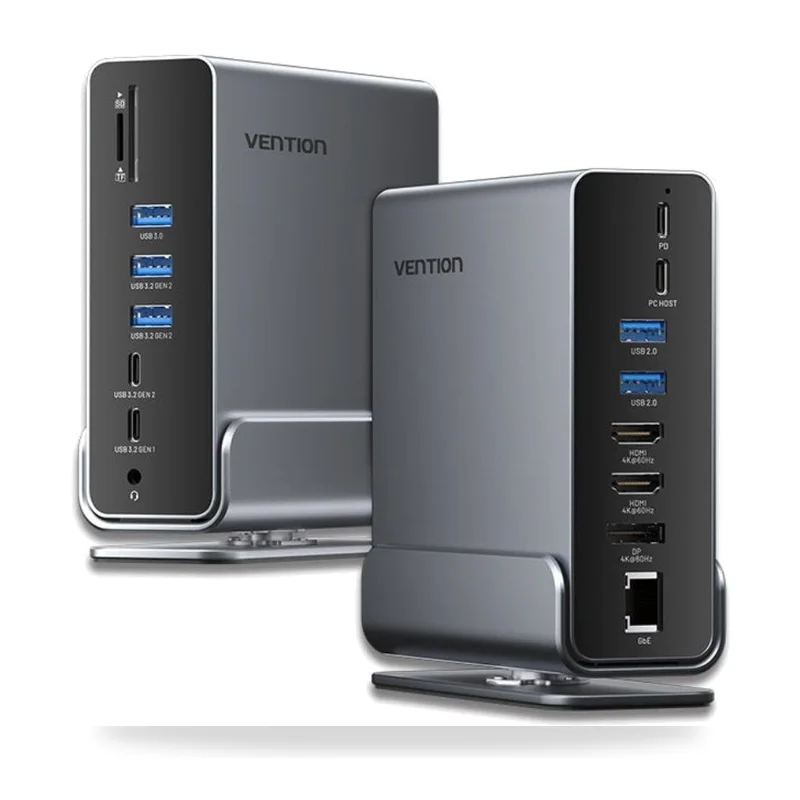 Docking USB Tipo-C Vention TPUH0/ 2xHDMI 4K/ 1xDisplayPort/ 3xUSB Tipo-C/ 5xUSB/ 1xRJ45/ 1xLector de Tarjetas/ 1xJack 3.5/ 1xUSB Tipo-C PD/ Gris
